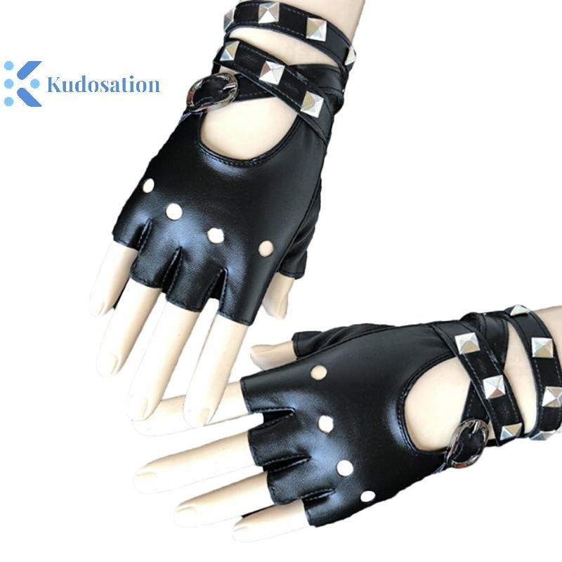 Kudosation Nữ Da Nửa Ngón Găng Tay Punk Đinh Tán Thắt Lưng Găng Tay Tiệc Halloween Punk