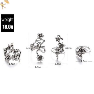[Gou] 4 Cái / bộ Cổ Màu Bạc Vintage Bohemia Bộ Nhẫn Hoa Hồng VN