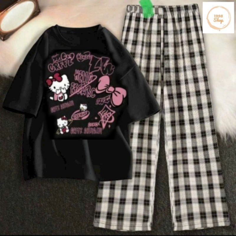 Tổng Hợp Các Sét Quần Kẻ Caro Đen ống Rộng + Mix Áo Phông Mèo HÊ LÔ KÍT TI Form Rộng Tay Lỡ Cotton