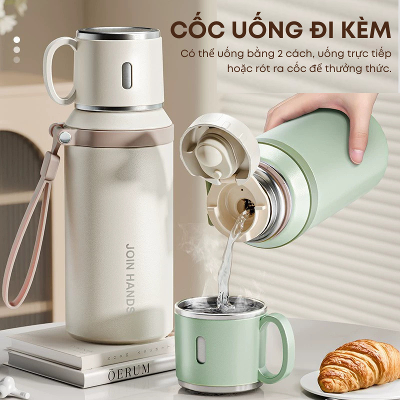 Bình Giữ Nhiệt Cao Cấp 600ml Inox 316 Bình Nước Nắp Tách Thành Cốc, Có Dây Xách Và Lưới Lọc Trà Tiện Lợi | 255