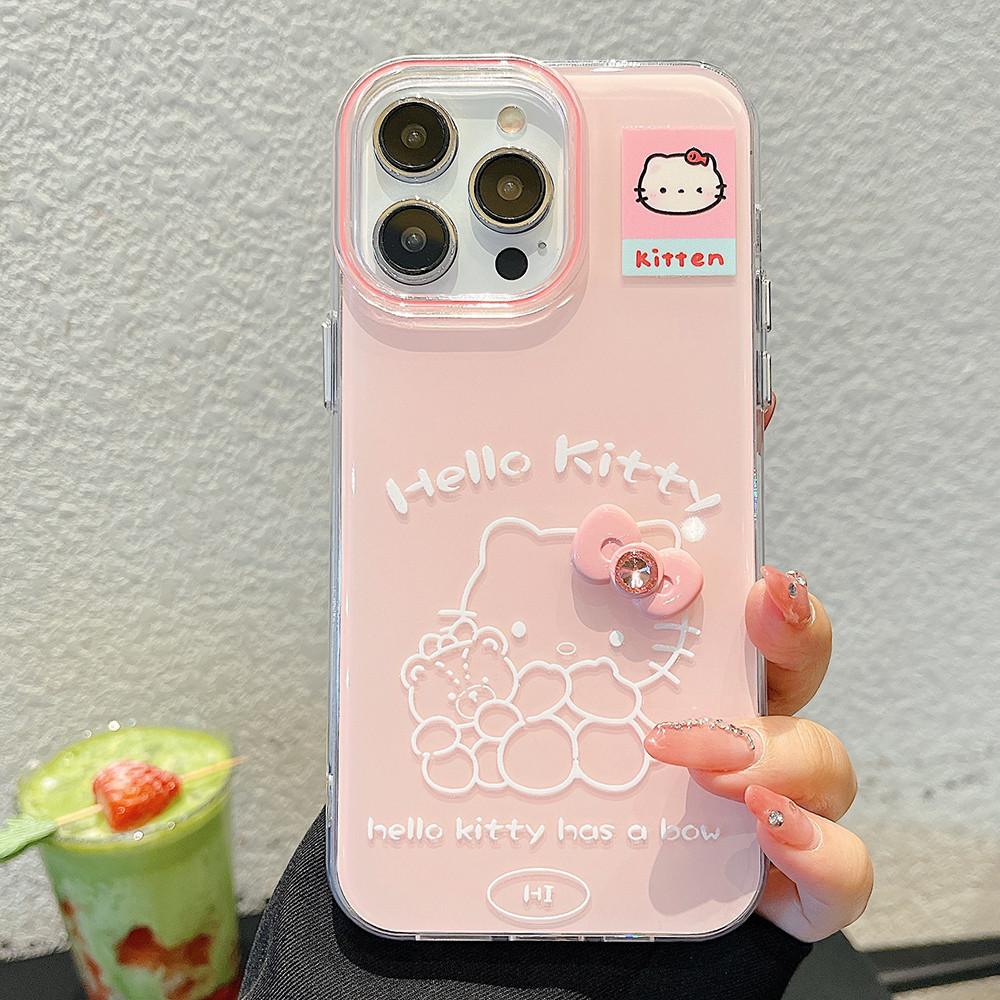 Ốp Điện Thoại Acrylic Nơ Màu Hồng Cat Cho iPhone 17 Pro Max 16 Plus 15 14 13 Pro Max Thạch Chống Sốc IMD Bảo Vệ Vỏ