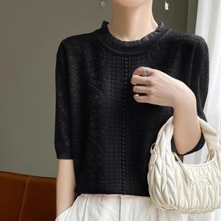 Mùa hè Phong Cách Mới Ren Rỗng Đan Nữ Tay Ngắn Cổ Tròn Nửa Tay Top Rời Ngọc Trai Nửa @ -