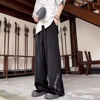 Quần tây nam rãnh, mùa hè mỏng phong cách Trung Quốc cổ điển đơn giản yếu tố lá tre, dáng rộng, thoải mái, giản dị và đa năng quần ống rộng ống thẳng