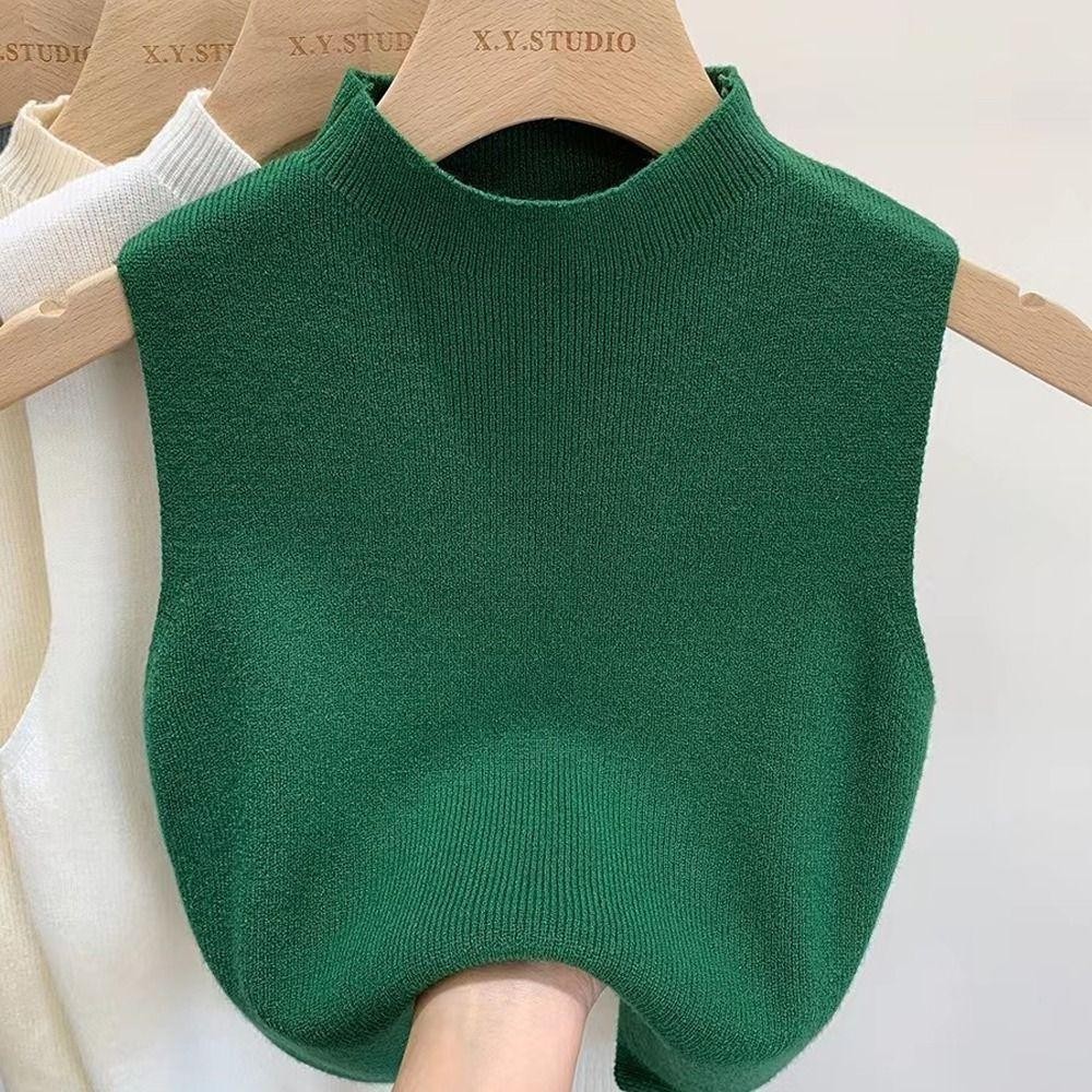 Áo len dệt kim SIMPLEAID, crop top nửa cổ không tay, màu trơn thanh lịch