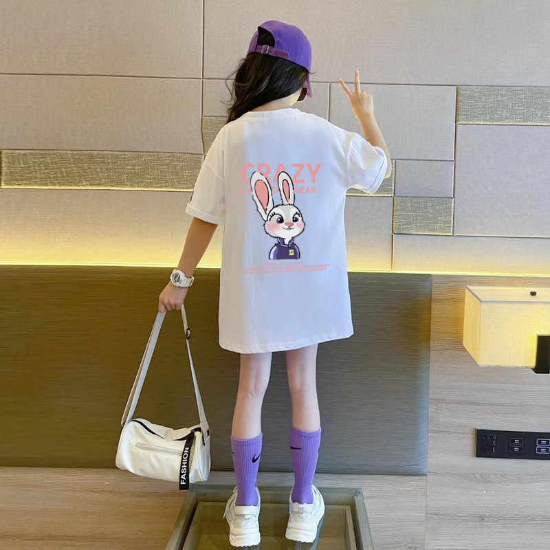 Áo thun bé gái cỡ lớn thời trang 2024 Judy In hình cổ tròn Áo sơ mi ngắn tay bé gái dài hàng đầu 0-12 tuổi