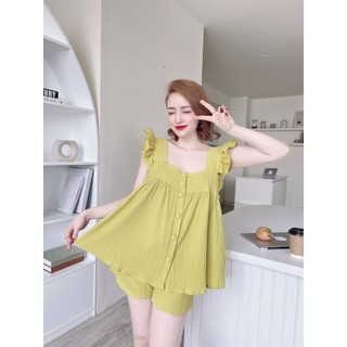 (40-55kg)Bộ đồ ngủ đùi cổ vuông tay cánh tiên nút bọc chất đũi gân cao cấp mềm mát quần đùi áo bèo .