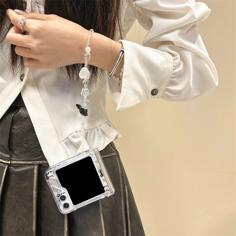 Hàn Quốc Nơ Dễ Thương Trong Suốt Z flip 5 flip 4 flip 3 Vỏ Điện Thoại Có Dây Xích Pha Lê Cho Samsung Galaxy Z Flip5 Flip4 flip3 Ốp Lưng