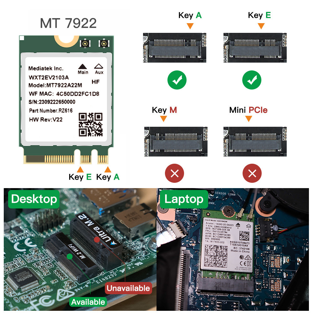 MT7922 Wi-Fi 6E Draadloze Netwerkkaart 2400Mbps 2.4G/5G 802.11AX M.2 NGFF Bluetooth 5.2 MU-MiMO Netwerkkaart Adapter