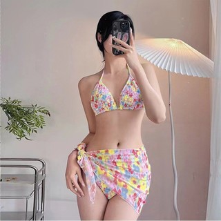 Hoa nhỏ màu tươi in xếp ly bikini mềm cốc nhỏ ngực tập hợp suối nước nóng ven biển nghỉ dưỡng áo tắm phụ nữ