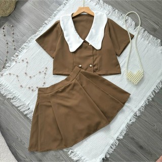 Set thiết kế dự tiệc áo tay ngắn cổ bèo gợn sóng croptop kèm chân váy ngắn xòe xếp ly chữ A xinh xắn 50-59kg SET829