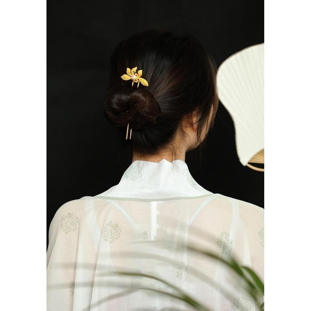 Hoa lan vàng ngọc trai hình chữ U đôi trâm cài tóc phương pháp cổ mạ vàng cổ điển khí chất Hán phục sườn xám phụ kiện tóc trang trí