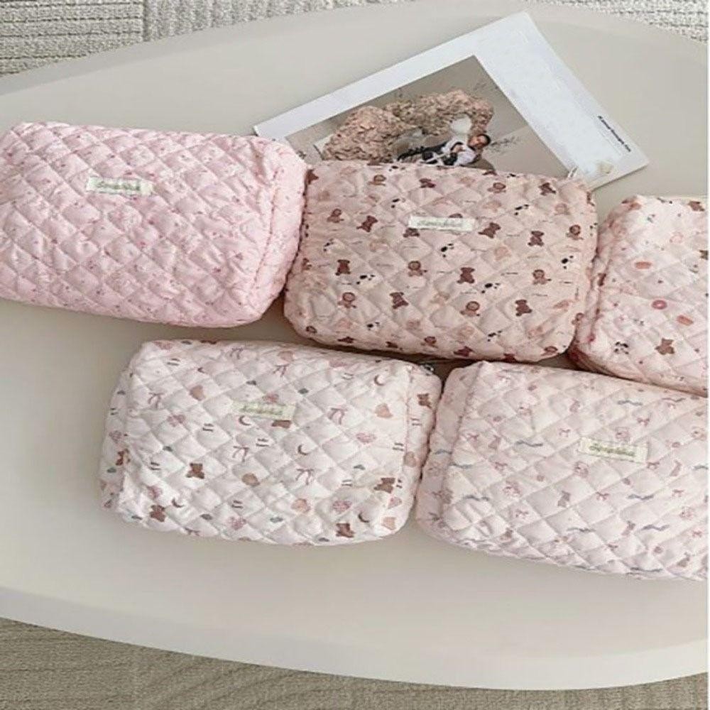 Alley Trang điểm, Vải hai lớp Mềm mại và thoáng khí Túi đựng mỹ phẩm nữ màu hồng dễ thương, Túi đựng đồ du lịch bằng vải Cotton có khóa kéo thực tế
