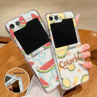 Hoa Văn In Hình Trái Cây Trong Suốt Silicon Mềm Vỏ Điện Thoại Cho Samsung Galaxy Z Flip 6 5 4 3 Flip6 Flip5 Flip4 Khóa Kim Loại Gấp Bao