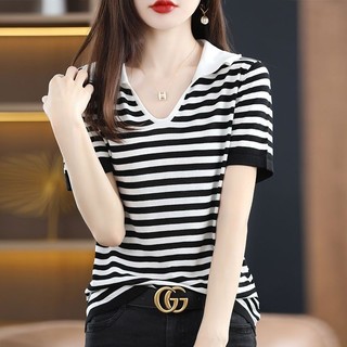 Ice Silk polo Cổ Áo Thun Tay Ngắn Nữ Mùa Hè Mỏng Dệt Kim Phong Cách Mới Ve Áo Ngắn Top Rời Áo Thun