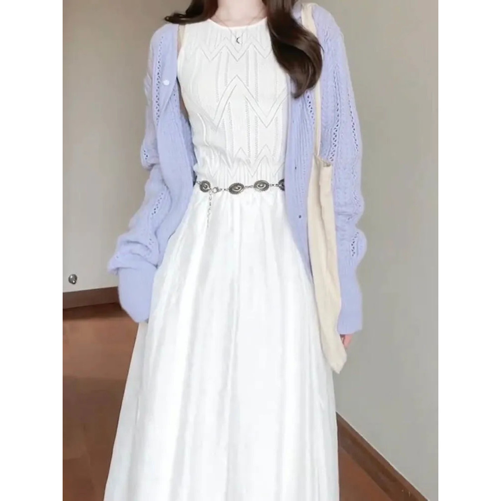 [YU]Áo vest phong cách Pháp thanh lịch, áo khoác cardigan không tay, bộ hai mảnh đan rỗ.