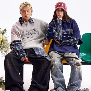 Áo nỉ nam ESEA kiểu Mỹ cổ điển dáng rộng phong cách hip-hop cổ gấp áo nỉ hai mảnh giả