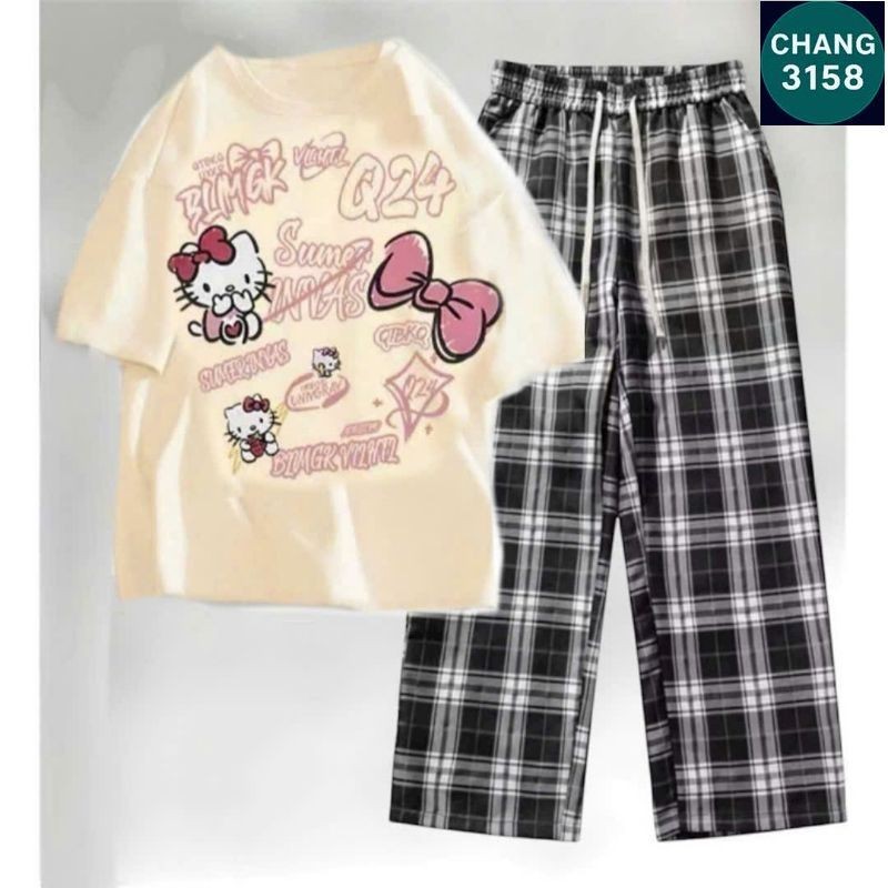 Tổng Hợp Các Sét Quần Ống Rộng + Mix Áo Phông Hình Mèo HÊ LÔ KÍT TI form rộng - Hình Mèo Màu BE-CHANG 3158