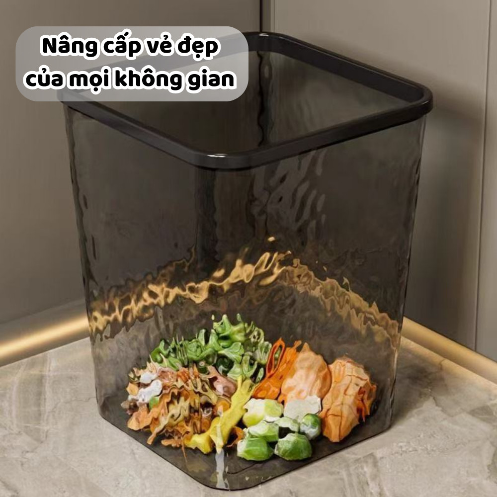 Thùng Đựng Rác Nhựa Trong Suốt Vân Kim Cương Dáng Vuông, Xô Cắm Hoa Trong Suốt Pha Lê