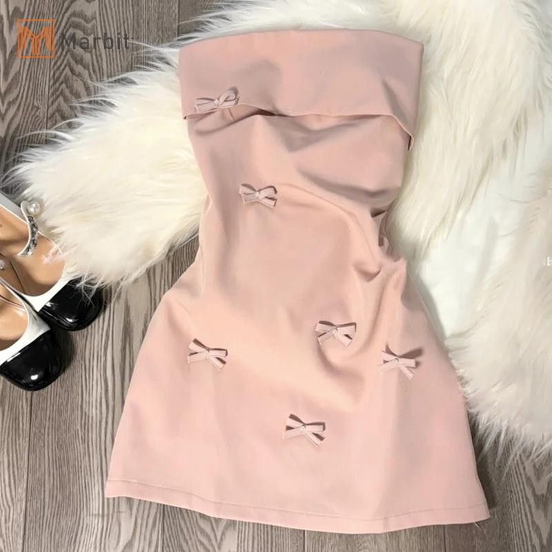 Marbit Màu Hồng 3D Nơ Dây Đầm Nữ Mùa Hè Gợi Cảm Sang Trọng Tiệc Sinh Nhật Váy Ngắn Mới