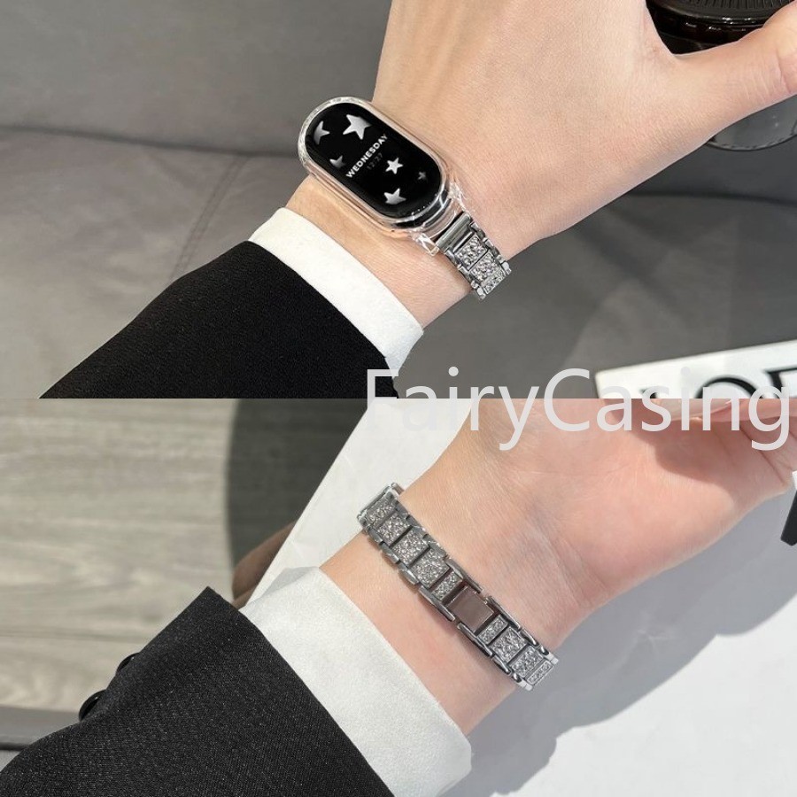 Dây đeo cổ tay 12mm cho Xiaomi Mi Band 10 9 8 7 6 5 4 3 NFC Watchband có vỏ kim loại Vòng đeo tay bằng thép không gỉ kim cương lấp lánh sang trọng cho Miband 8 ban nhạc