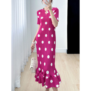 Miyake Mùa Hè Phong Cách Mới Nữ Chấm Bi Đầm Hẹp Cổ Chữ v Slim-Fit Cao Cấp Sli
