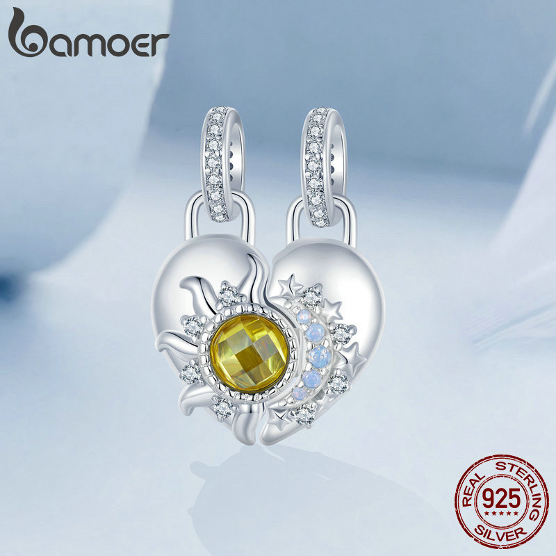 Phụ kiện mặt dây chuyền trái tim mặt trời và mặt trăng Bamoer 925 Sterling Sliver Charm cho vòng tay