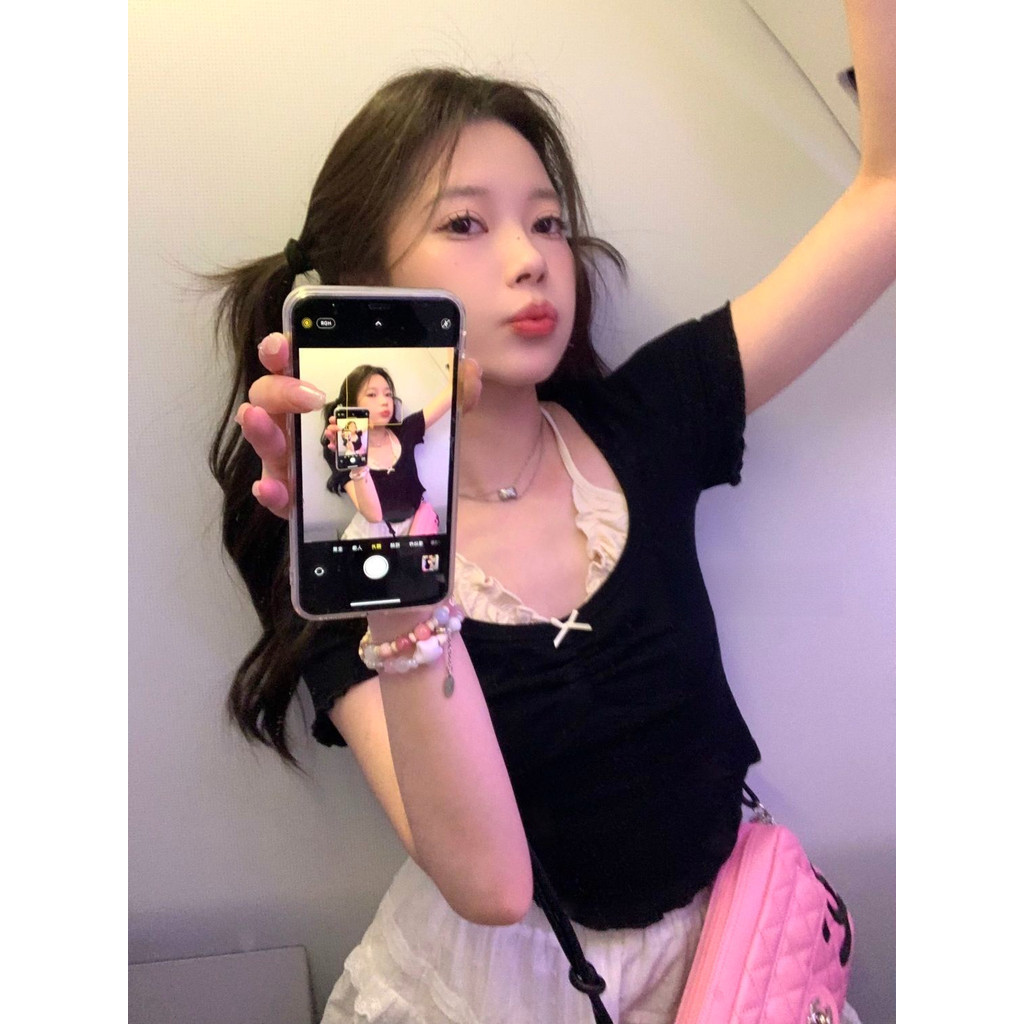Milyfashion Sweet Dream Ballet Hoa Khâu Nấm Top Slimer Look Pure Desire Style Dây Cổ Màu Sắc Tương Phản Giả Hai Mảnh Tay Ngắn T @