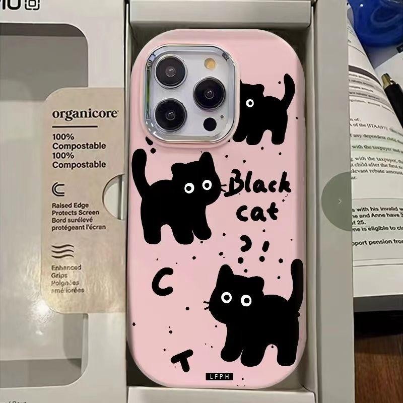 Ốp Lưng Mèo Đen Dễ Thương Cho Samsung Galaxy A04 A32 A10S A22 A23 A05 A05S A25 A20S A02 A03 Core A03S A13 A12 A11 A21S A54 A33 A15 Ốp Điện Thoại Khung Ống Kính Matal Mạ Điện Sang Trọng