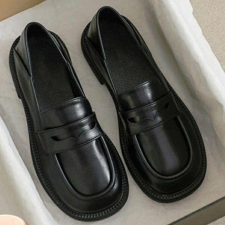Đen Phong Cách Anh Da Mềm Giày Da Nhỏ Giày Làm Việc Bằng Mùa Xuân Thu Phong Cách Mới Slip-On Dày Gót Loafers Phiên Bản Hàn Quốc Giữa Gót Giày Học Sinh