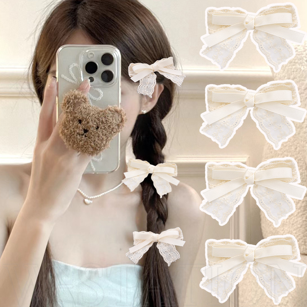Kẹp Tóc Nơ Ren - Kẹp Tóc Vải Nơ Thêu Hoa Màu Be - Kẹp Tóc Nơ Cô Gái Cổ Tích - Thời Trang, Phong Cách Pháp, Ngọt Ngào, Dễ Thương - Phụ Kiện Tóc Đuôi Ngựa Đôi