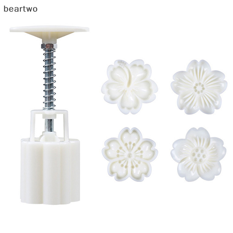 < Beartwo > 4 Cái / bộ Khuôn Bánh Trung Thu Khuôn Hoa Anh Đào 3D Tay Bấm Dụng Cụ Máy Nướng Đẹp