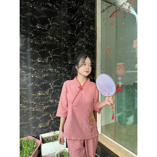 set pháp phục đính nút sò thêu chữ mẹ, thời trang phật tử nữ đi chùa