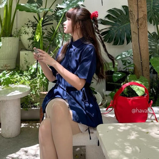 Áo sơ mi đũi buộc nơ eo cổ bẻ cúc cài nữ tiểu thư xinh xắn hàng loại 1