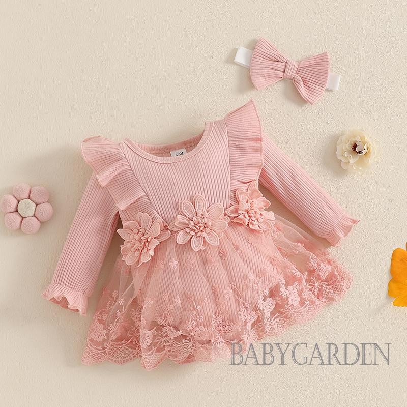 / / -Baby Girls Lưới 3D Váy liền quần dài tay có gân + Băng đô nơ