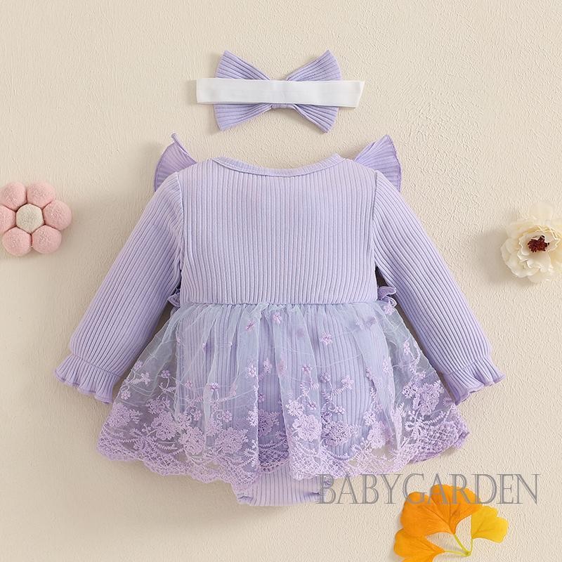 / / -Baby Girls Lưới 3D Váy liền quần dài tay có gân + Băng đô nơ