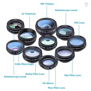 Hilivn) Bộ ống kính máy ảnh điện thoại 10 trong 1 APEXEL với góc rộng 0,63X + Macro 15X + 198°Fisheye + Telephoto 2X + CPL + Bộ lọc sao + Bộ lọc xuyên tâm + Bộ lọc lưu lượng + Kính vạn hoa 3 + Kale