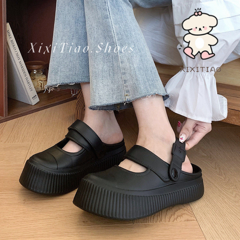 Xixitiao Mary Jane Dép Dép Thời Trang Phong Cách Mới Mùa Hè Mặc Ngoài Đầu Lớn Giày Trắng Nữ Đơn Giản