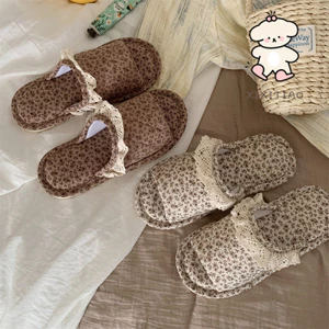 Xixitiao Thường Ngày Trong Nhà Ren Viền Nữ Vải Lanh Cotton Dép Nhà Bốn Mùa Retro Hoa