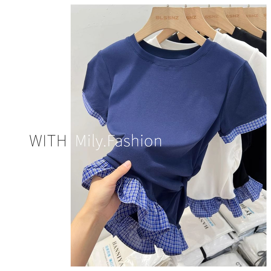 Milyfashion Áo Thun Nữ Tay Ngắn Màu Trắng Mùa Hè Phong Cách Mới Thiết Kế Độc Đáo Niche Kẻ Sọc Khâu Top Nữ Nửa Tay Hợp Thời Trang 2025