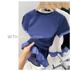 Milyfashion Áo Thun Nữ Tay Ngắn Màu Trắng Mùa Hè Phong Cách Mới Thiết Kế Độc Đáo Niche Kẻ Sọc Khâu Top Nữ Nửa Tay Hợp Thời Trang 2025