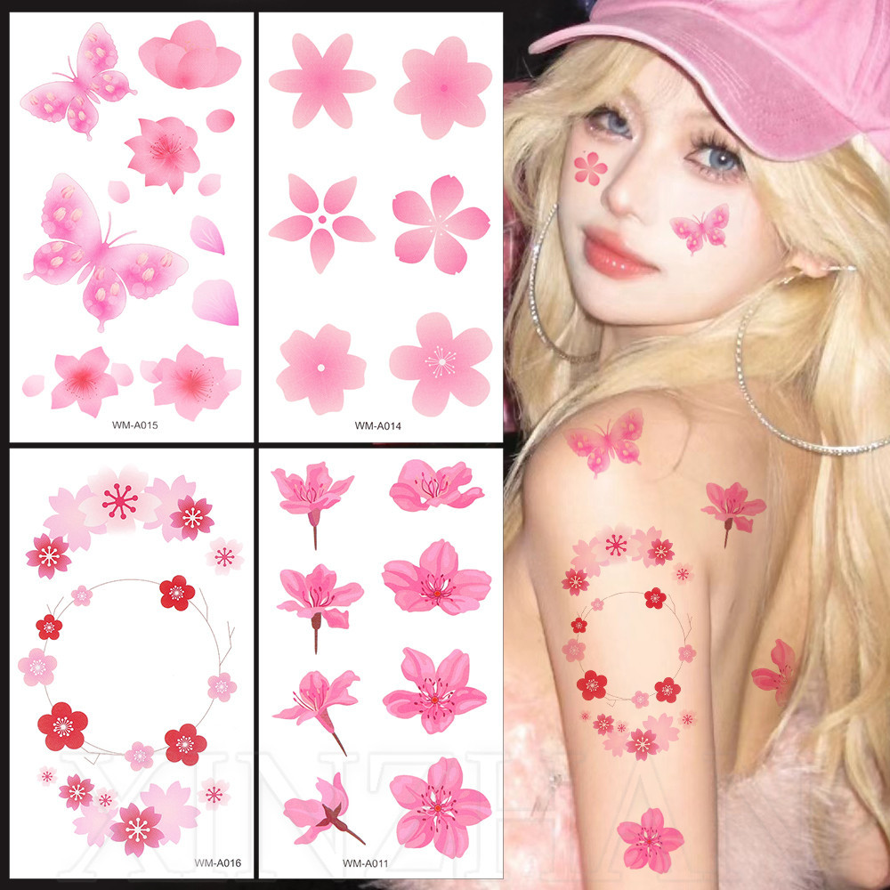 Decal xăm giả họa tiết hoa - 1 tờ Nhãn dán hình xăm Sakura màu hồng - Dành cho ngực, vai, cổ, cánh tay - Trang trí nghệ thuật cơ thể mặt - Chống thấm nước, tạm thời, dùng một lần