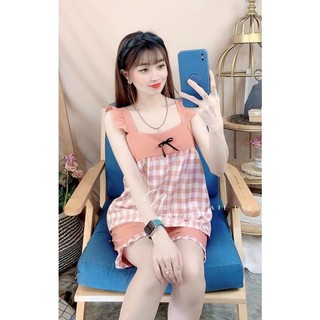Set đồ bộ ngủ đùi cánh tiên vải lụa hàn họa tiết caro siêu xinh freesize dưới 57kg .