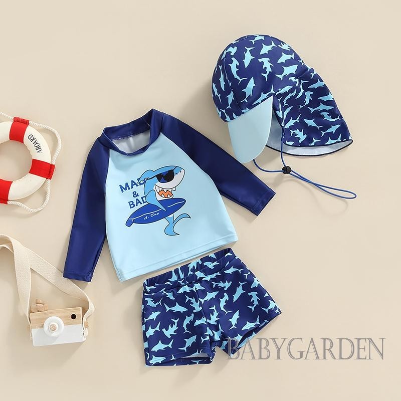 Baga-6tháng-4years Kid Boy 3 Bộ Đồ Bơi Hoạt Hình Sọc Cá Mập In Hình Mùa Hè Đi Biển Dài Tay Áo + Quần Short + Mũ Đi Biển