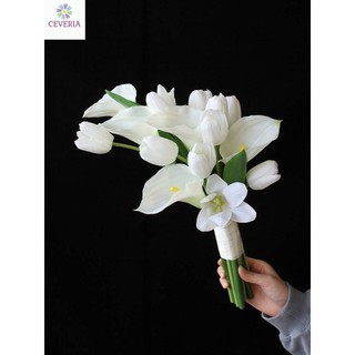 bó hoa cưới cô dâu rum và tulip trắng nhân tạo lễ thành hôn, lễ cưới, chụp ảnh cưới CEVERIA