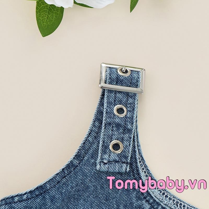 Bộ áo liền quần Denim cho bé gái màu trơn cổ vuông không tay áo liền quần rỗng cho mùa hè