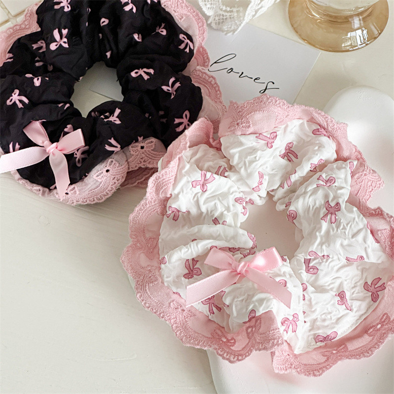 Dây Cột Tóc Scrunchies Đính Nơ Viền Ren Xinh Xắn Phong Cách Hàn Quốc Phụ Kiện Tóc Nữ và Bé Gái