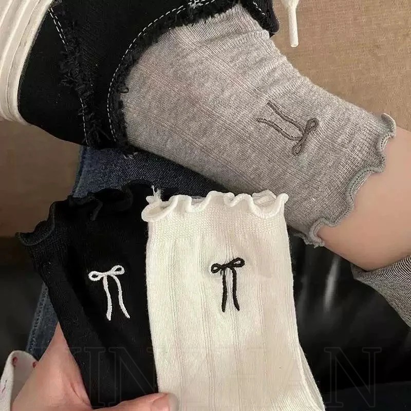 Tất dài thông thường hàng ngày - Tất thêu nơ nữ phong cách múa ba lê - Nhật Bản ngọt ngào dễ thương JK Lolita - Siêu mỏng, thoải mái, thoáng khí - Tất ống giữa lưới rỗng mùa hè cho bé gái