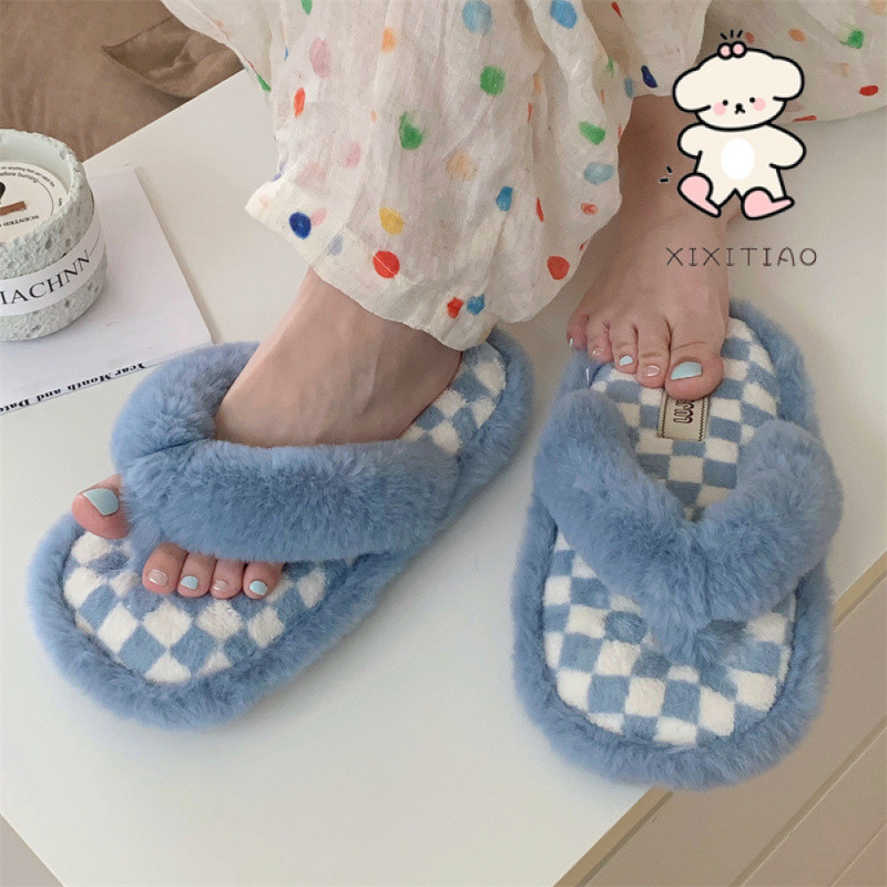 Xixitiao Thu Đông Sáng Tạo Phong Cách Mới Influencer Checkerboard Thời Trang Đế Mềm Giày Cotton Nữ Nhà Ngoài Trời Mặc ins Sang Trọng Flip-Flops