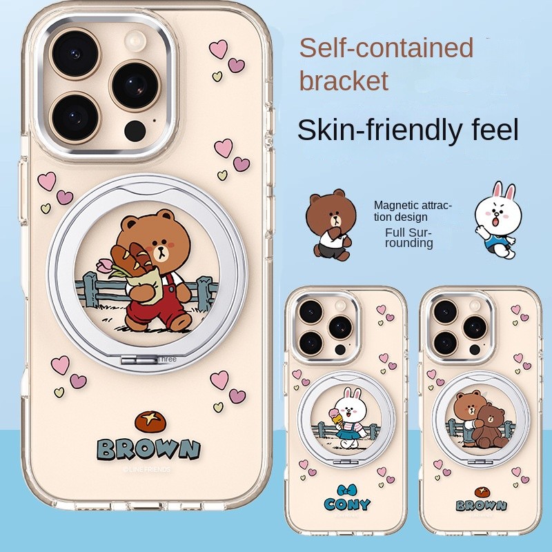 Ốp điện thoại IPhone 16 Vỏ bảo vệ LINE FRIENDS Gấu nâu Corny Rabbit Stand Kim loại Thân thiện với da 15 promax Trong suốt 14PM Vỏ bảo vệ toàn diện chống sốc siêu mỏng
