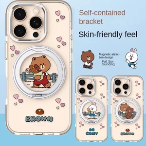 Ốp điện thoại IPhone 16 Vỏ bảo vệ LINE FRIENDS Gấu nâu Corny Rabbit Stand Kim loại Thân thiện với da 15 promax Trong suốt 14PM Vỏ bảo vệ toàn diện chống sốc siêu mỏng